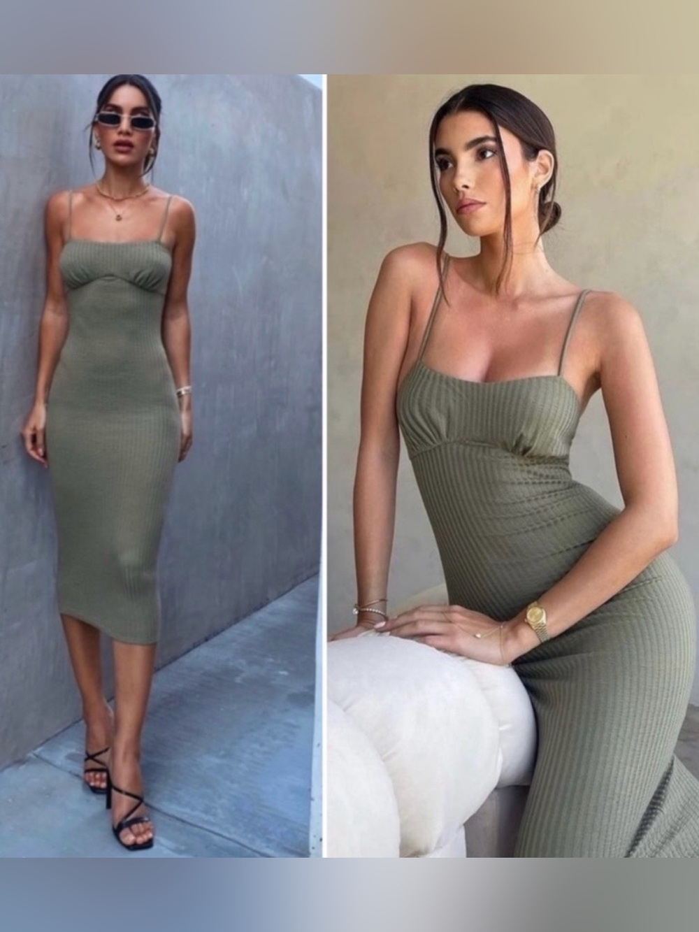 Camila Coelho Olive Ribbed Bodycon Midi Dress – Ribbed Spaghetti Strap Dress